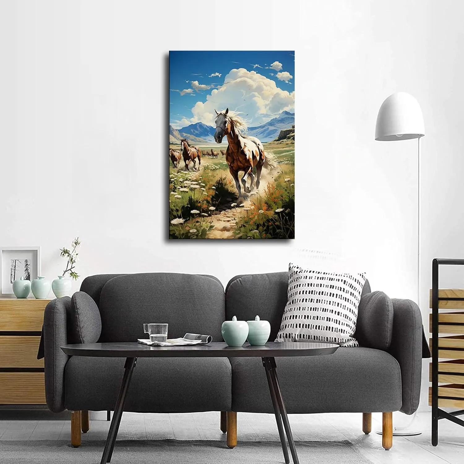 Silk Road Qilian Mountains Grassland Running Horses Poster Canvas Wall Art Home Wall Decor Bedroom Aesthetic Art Prints Posters Decorations Gift (Framed,24x36inch)