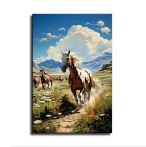 Silk Road Qilian Mountains Grassland Running Horses Poster Canvas Wall Art Home Wall Decor Bedroom Aesthetic Art Prints Posters Decorations Gift (Framed,24x36inch)