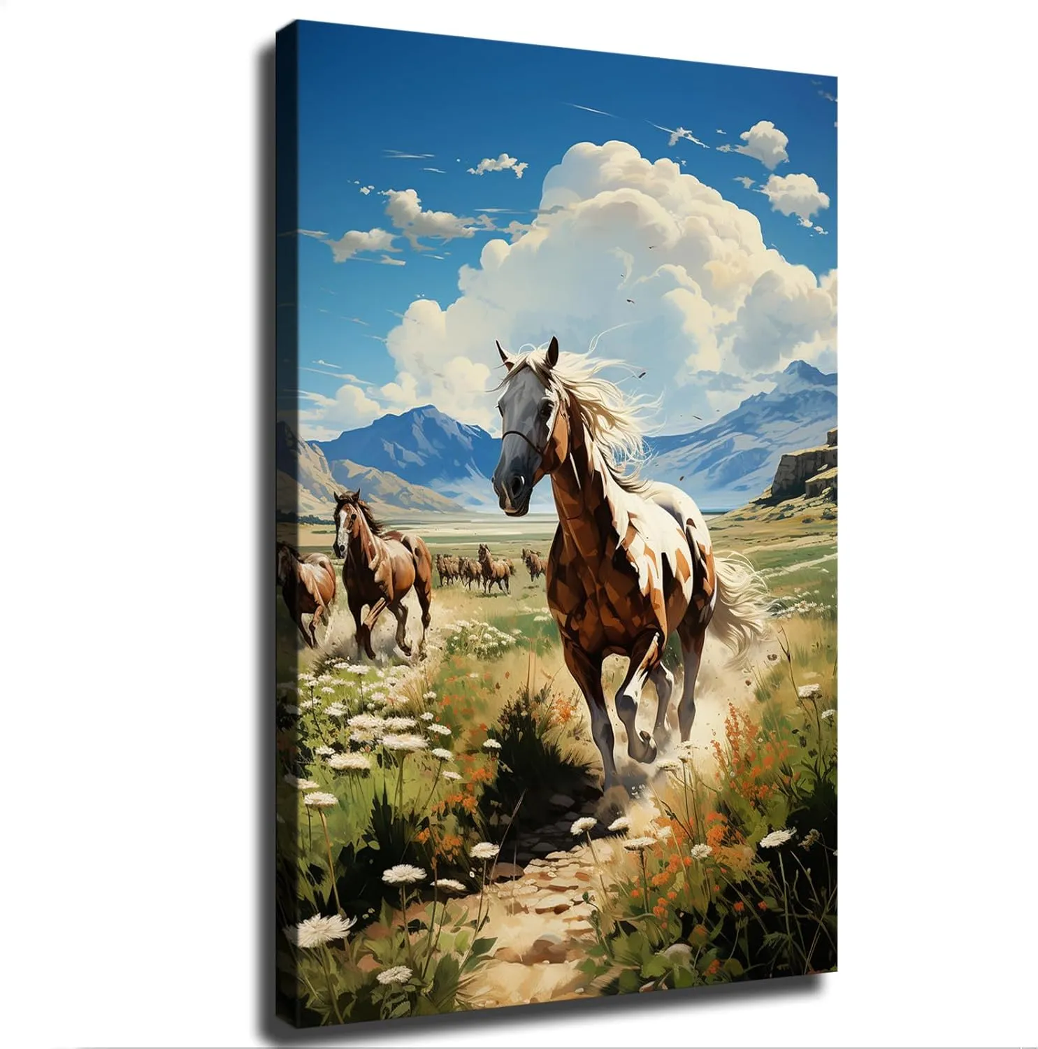 Silk Road Qilian Mountains Grassland Running Horses Poster Canvas Wall Art Home Wall Decor Bedroom Aesthetic Art Prints Posters Decorations Gift (Framed,24x36inch)