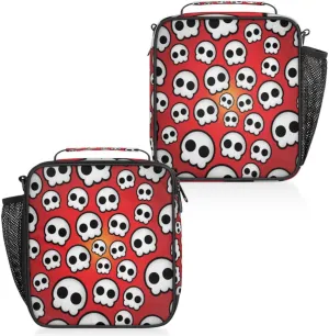 Skull Cute Insulated Lunch Bag Reusable Waterproofing Lunch Box with Shoulder Strap Handle and Water Bottle Net Bag for Travel Camping Beach Picnic