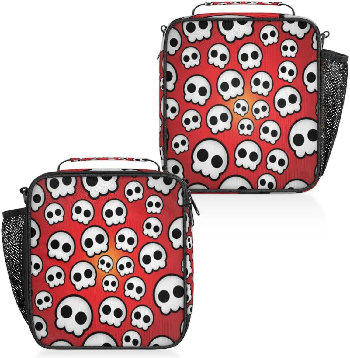 Skull Cute Insulated Lunch Bag Reusable Waterproofing Lunch Box with Shoulder Strap Handle and Water Bottle Net Bag for Travel Camping Beach Picnic