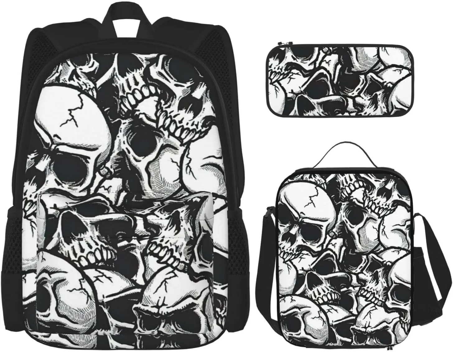 Skulls Pattern Print 3 In 1 Backpack Set With Lunch Bag And Pencil Case,Suitable Work,Picnic,Travel