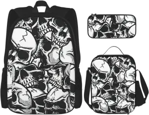 Skulls Pattern Print 3 In 1 Backpack Set With Lunch Bag And Pencil Case,Suitable Work,Picnic,Travel