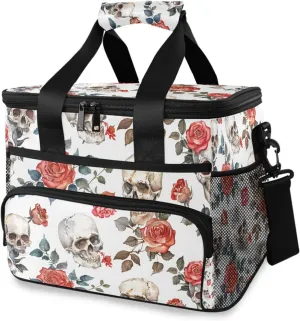 Skulls Roses Flower White Cooler Bag Insulated Cooler Soft Sided Cooler 24 Can Portable Picnic Bag Large Leakproof Lunch Bag Box for Beach Grocery Camping Travel Car Men Women