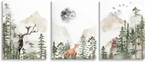 SKYSUKEY Nursery Wall Decor Foggy Forest Animal Wall Art Woodland Adventure Boy Nursery Decor Watercolor Mountain Outdoor Nature Canvas Prints for Boy's Room Girl's Room, Framed Set 3, 12"x16"
