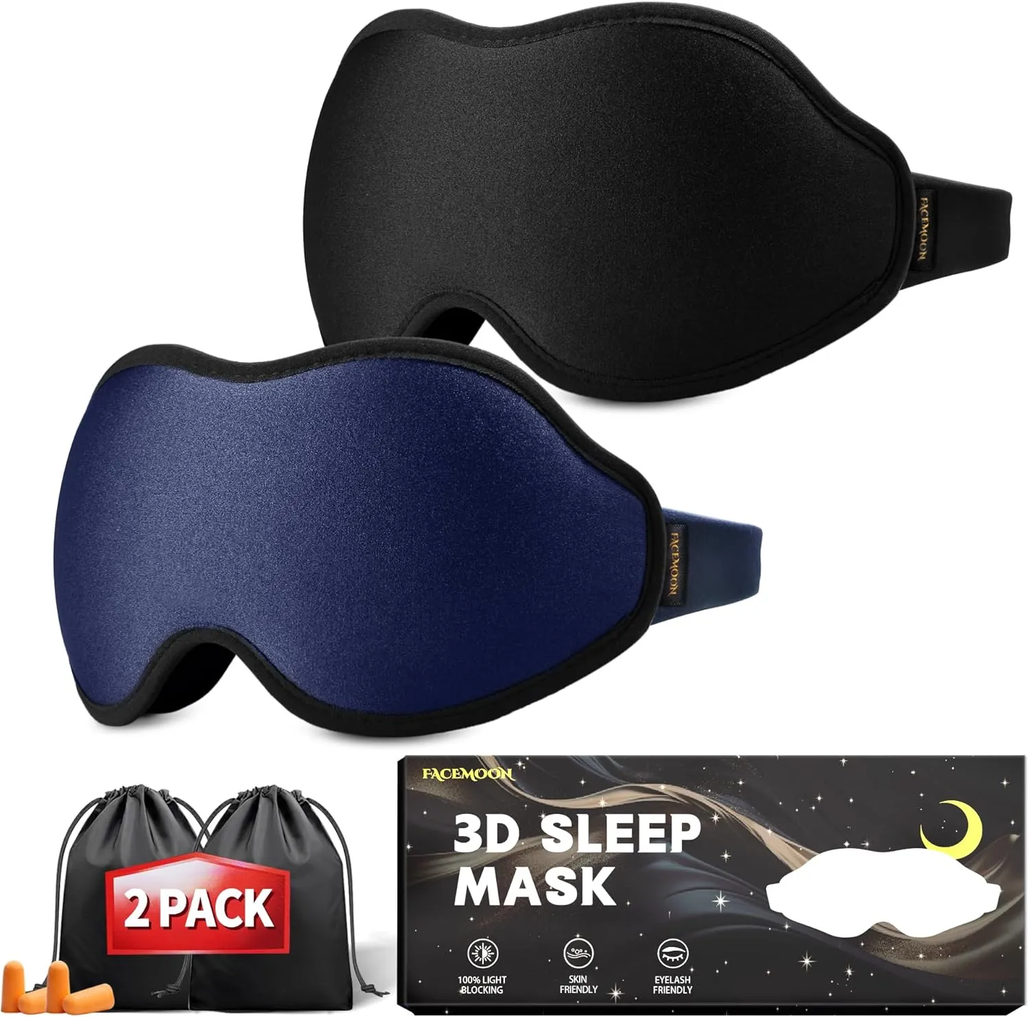 Sleep Masks for Women Men - Blackout Eye Cover for Lash Extension, 3D Contoured Sleep Mask for Side Sleeper, Soft Memory Foam, Sleep Masks for Travel, Airplane, Night(Cloud Black, Cloud Blue)