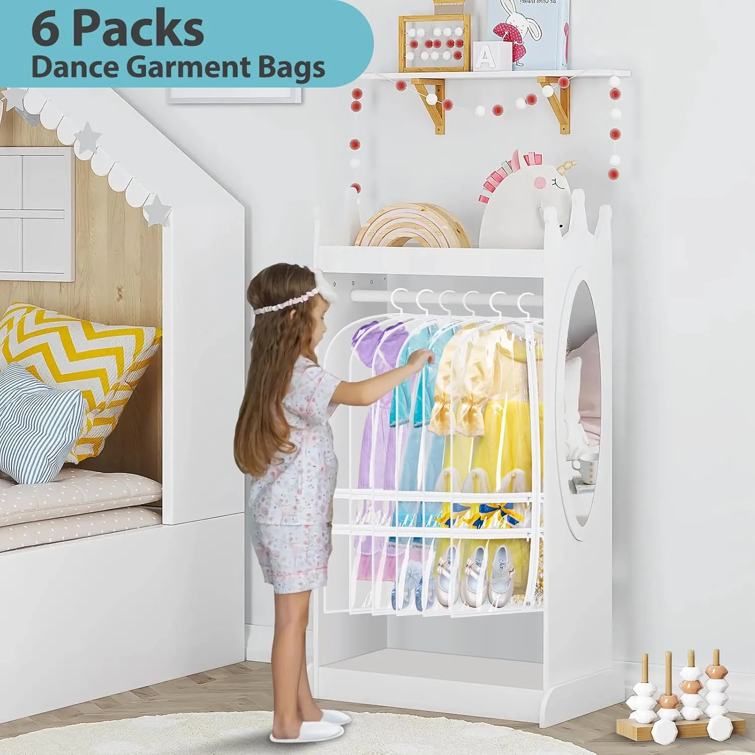 SLEEPING LAMB 6 Packs Clear Garment Bags for Dancers With 4 Pockets, 40" Kids Costume Bag for Travel and Dance Competition, Hanging Clothes Storage for Dress, Uniform, White