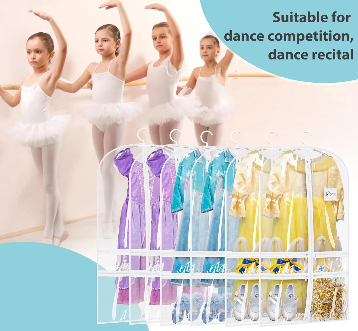 SLEEPING LAMB 6 Packs Clear Garment Bags for Dancers With 4 Pockets, 40" Kids Costume Bag for Travel and Dance Competition, Hanging Clothes Storage for Dress, Uniform, White
