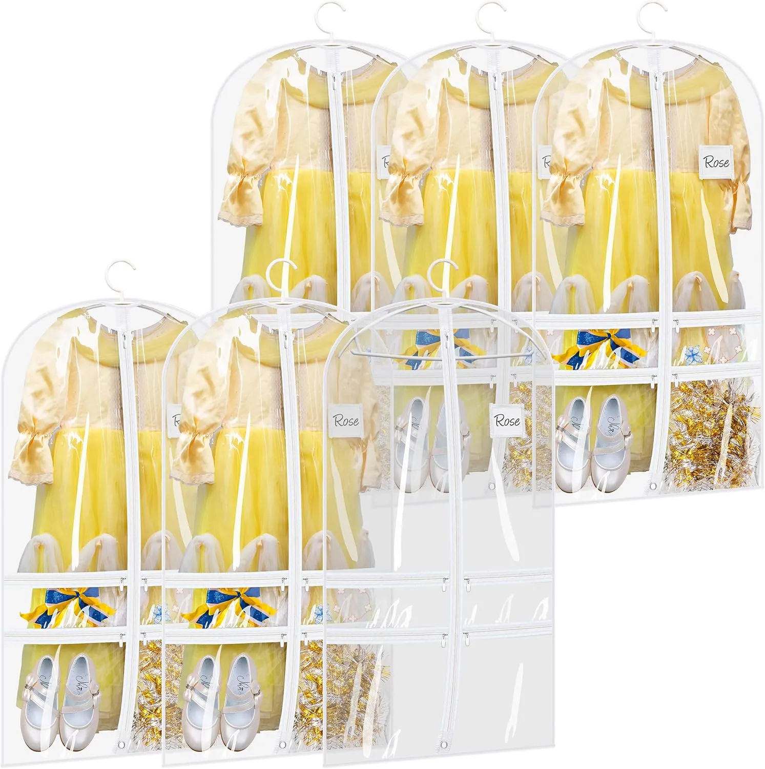 SLEEPING LAMB 6 Packs Clear Garment Bags for Dancers With 4 Pockets, 40" Kids Costume Bag for Travel and Dance Competition, Hanging Clothes Storage for Dress, Uniform, White