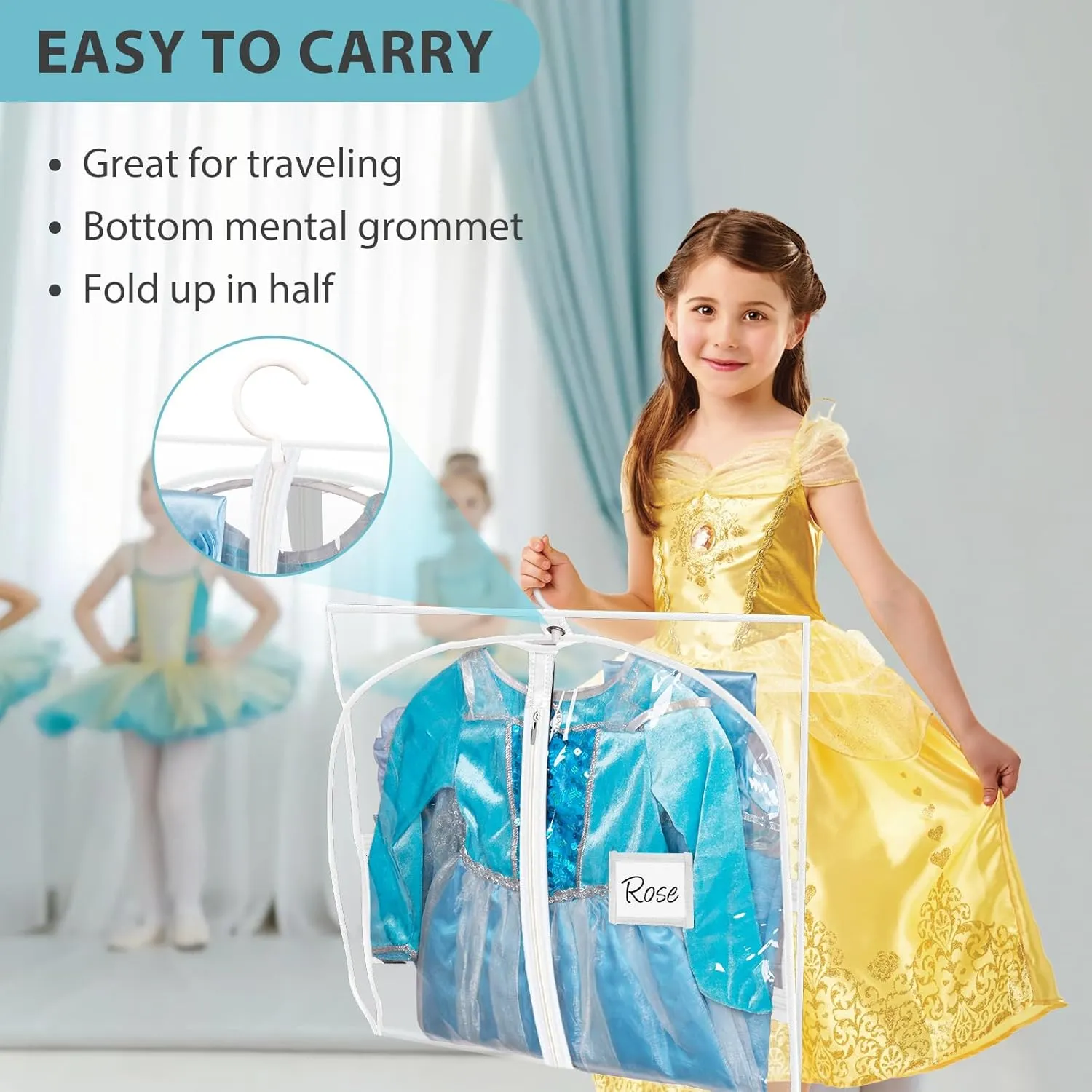 SLEEPING LAMB 6 Packs Clear Garment Bags for Dancers With 4 Pockets, 40" Kids Costume Bag for Travel and Dance Competition, Hanging Clothes Storage for Dress, Uniform, White