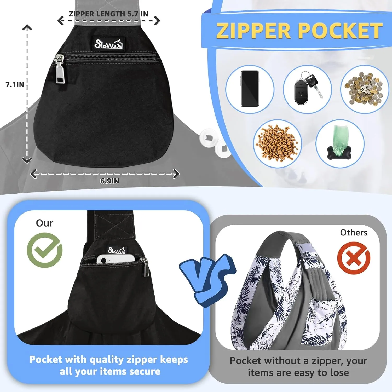 SlowTon Dog Carrier Sling - Thick Padded Shoulder Strap Adjustable Dog Carriers for Small Dogs, Puppy Carrier Purse for Pet Cat with Front Zipper Pocket Safety Belt Machine Washable (Black M)