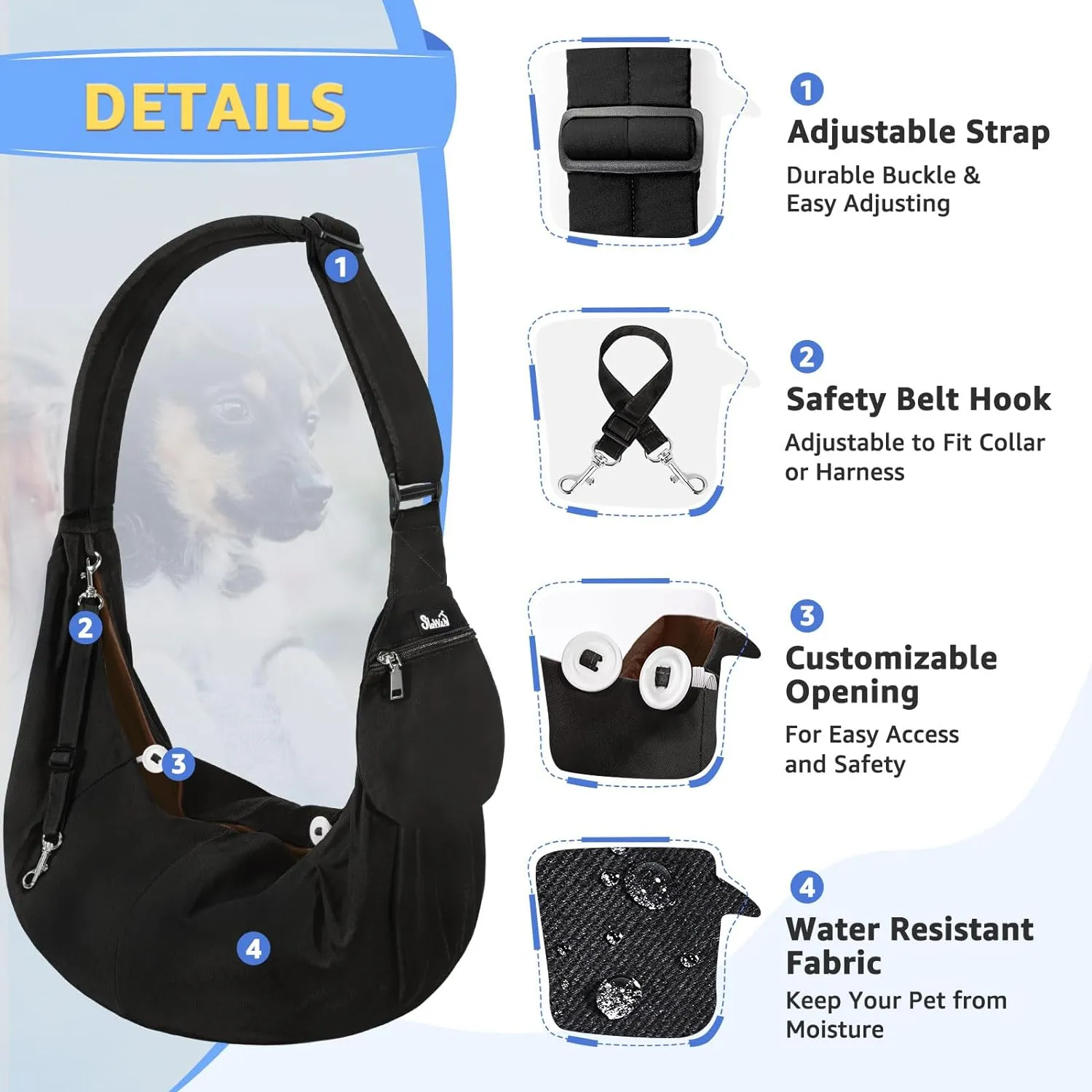 SlowTon Dog Carrier Sling - Thick Padded Shoulder Strap Adjustable Dog Carriers for Small Dogs, Puppy Carrier Purse for Pet Cat with Front Zipper Pocket Safety Belt Machine Washable (Black M)