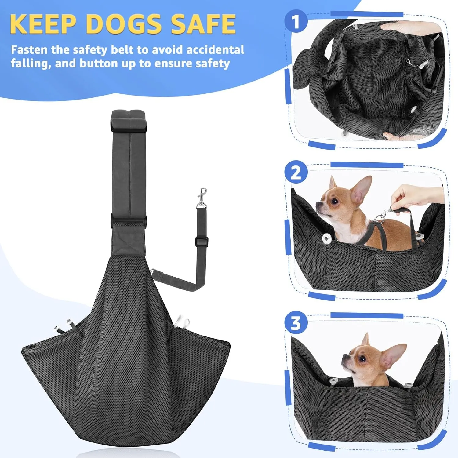 SlowTon Dog Carrier Sling - Thick Padded Shoulder Strap Adjustable Dog Carriers for Small Dogs, Puppy Carrier Purse for Pet Cat with Front Zipper Pocket Safety Belt Machine Washable (Grey Mesh M)