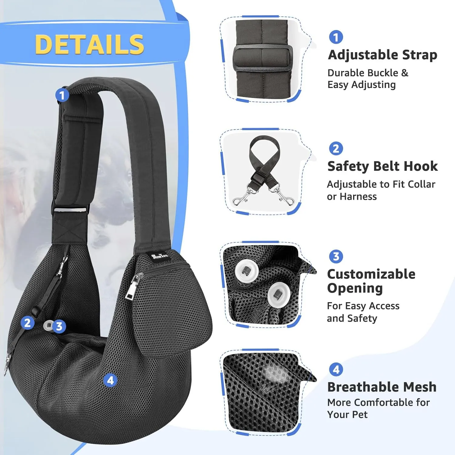 SlowTon Dog Carrier Sling - Thick Padded Shoulder Strap Adjustable Dog Carriers for Small Dogs, Puppy Carrier Purse for Pet Cat with Front Zipper Pocket Safety Belt Machine Washable (Grey Mesh M)