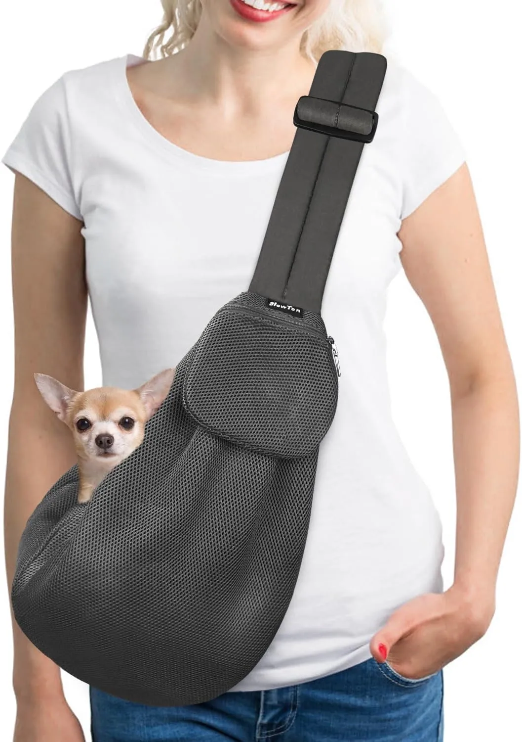 SlowTon Dog Carrier Sling - Thick Padded Shoulder Strap Adjustable Dog Carriers for Small Dogs, Puppy Carrier Purse for Pet Cat with Front Zipper Pocket Safety Belt Machine Washable (Grey Mesh S)