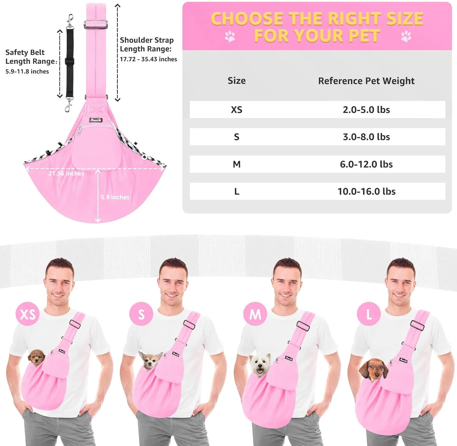 SlowTon Dog Carrier Sling - Thick Padded Shoulder Strap Adjustable Dog Carriers for Small Dogs, Puppy Carrier Purse for Pet Cat with Front Zipper Pocket Safety Belt Machine Washable (PI, S)