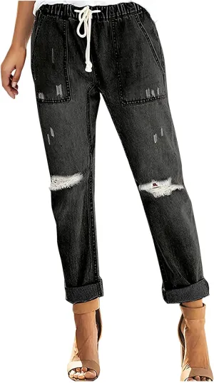 SMIDOW Women Folded Hem Tapered Denim Pants Drawstring Elastic Waist Pull-on Pants Ripped Jeans Petite Jeans Regular Fit