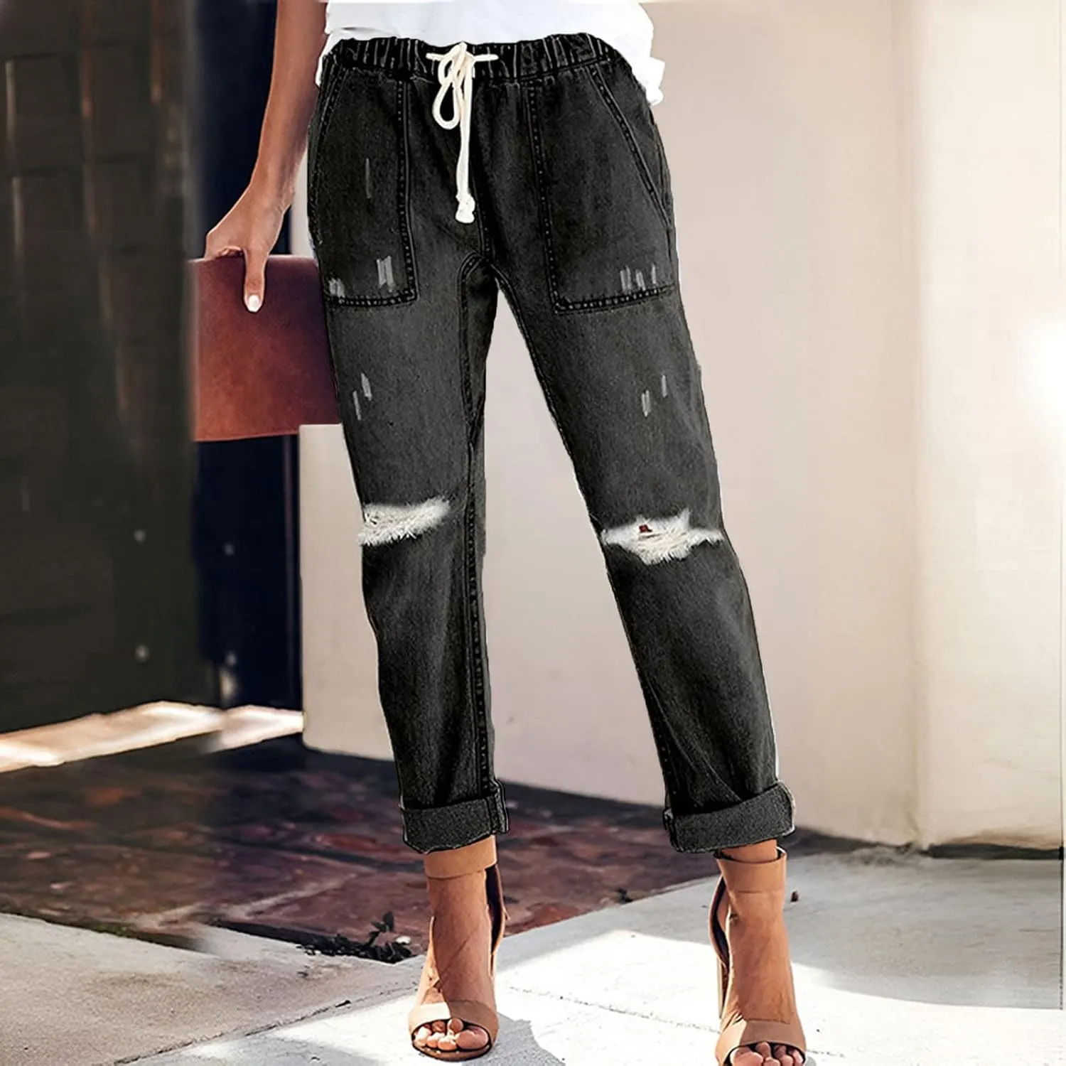 SMIDOW Women Folded Hem Tapered Denim Pants Drawstring Elastic Waist Pull-on Pants Ripped Jeans Petite Jeans Regular Fit