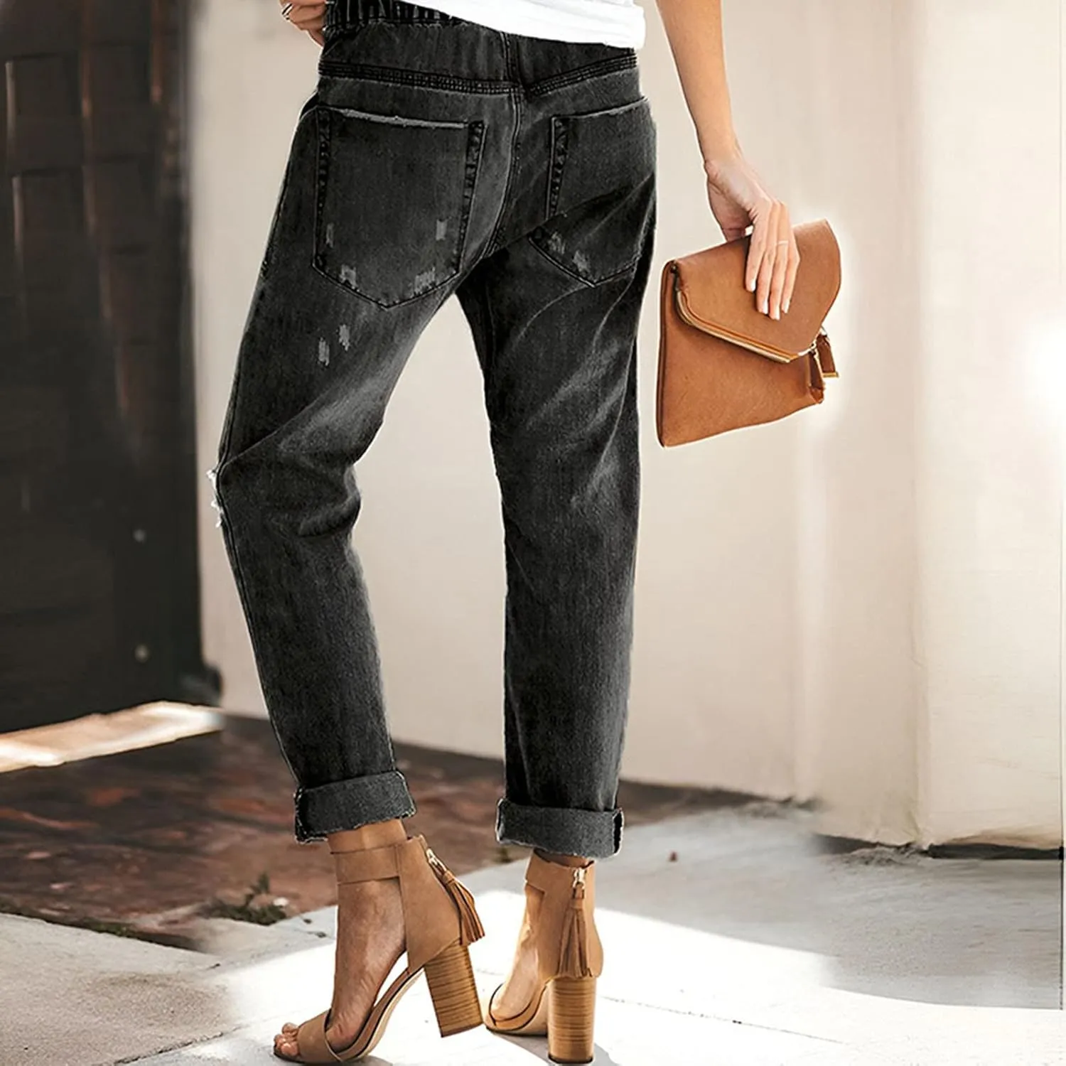 SMIDOW Women Folded Hem Tapered Denim Pants Drawstring Elastic Waist Pull-on Pants Ripped Jeans Petite Jeans Regular Fit