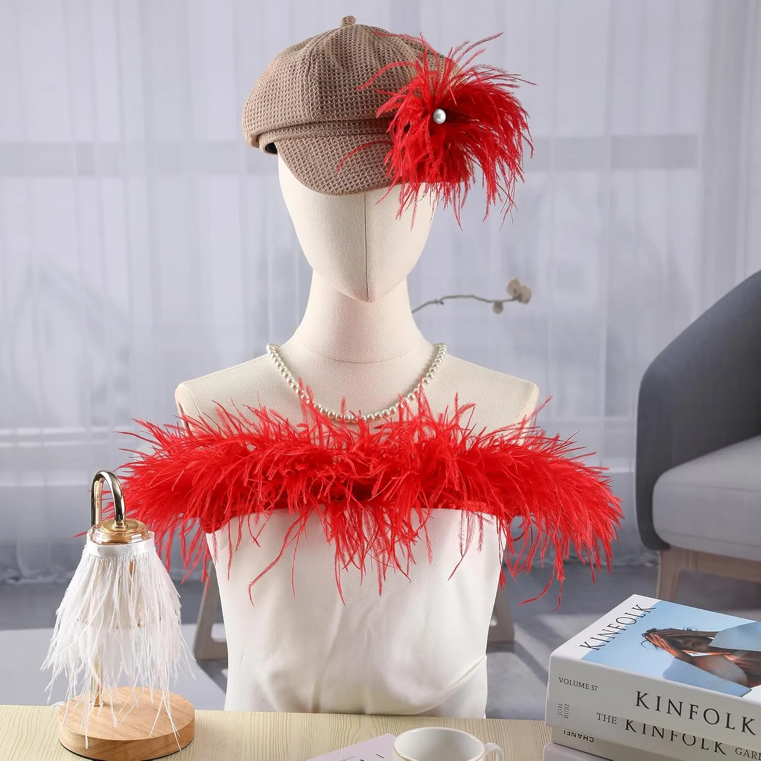 Soarer Red Ostrich Feather Trim - 2Yards 5-7inch Feather Fringe for DIY Sewing Clothing,Jewelry,Halloween Home Party(Red)