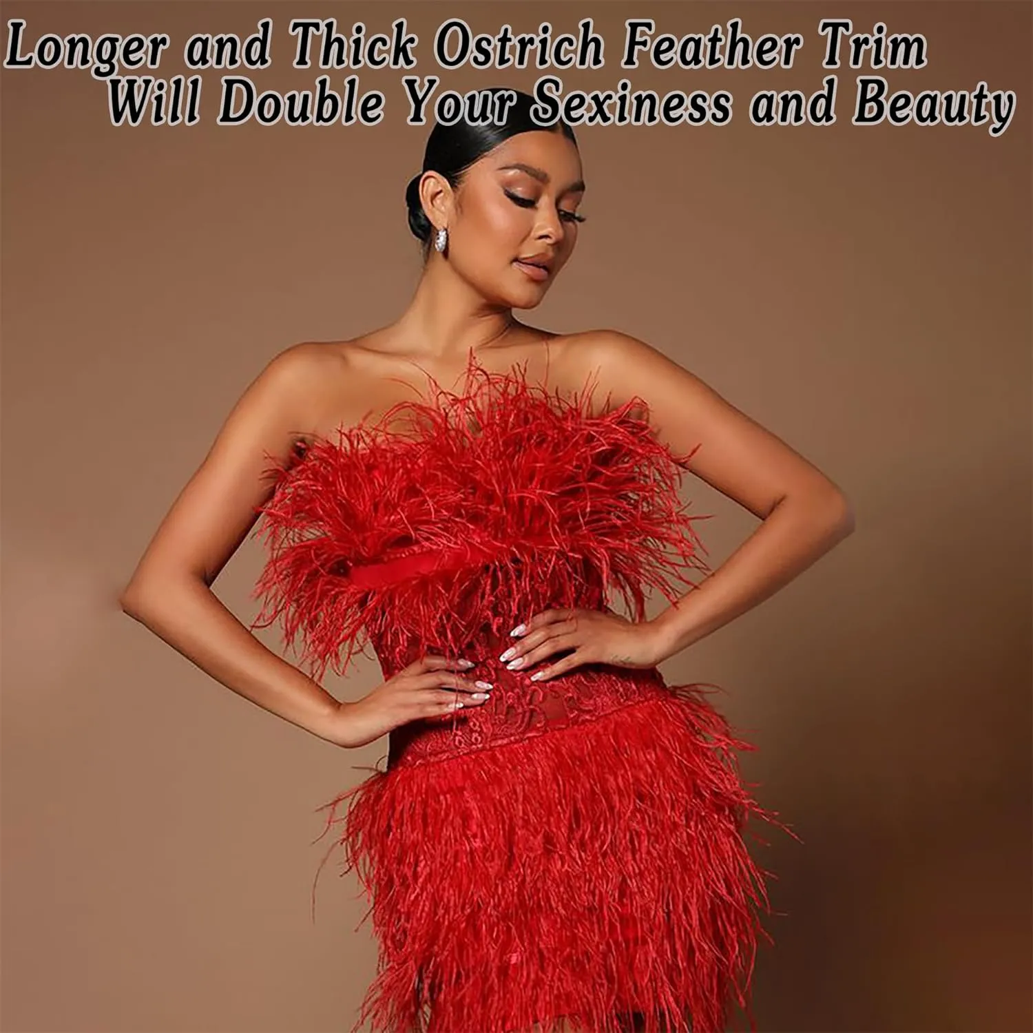 Soarer Red Ostrich Feather Trim - 2Yards 5-7inch Feather Fringe for DIY Sewing Clothing,Jewelry,Halloween Home Party(Red)