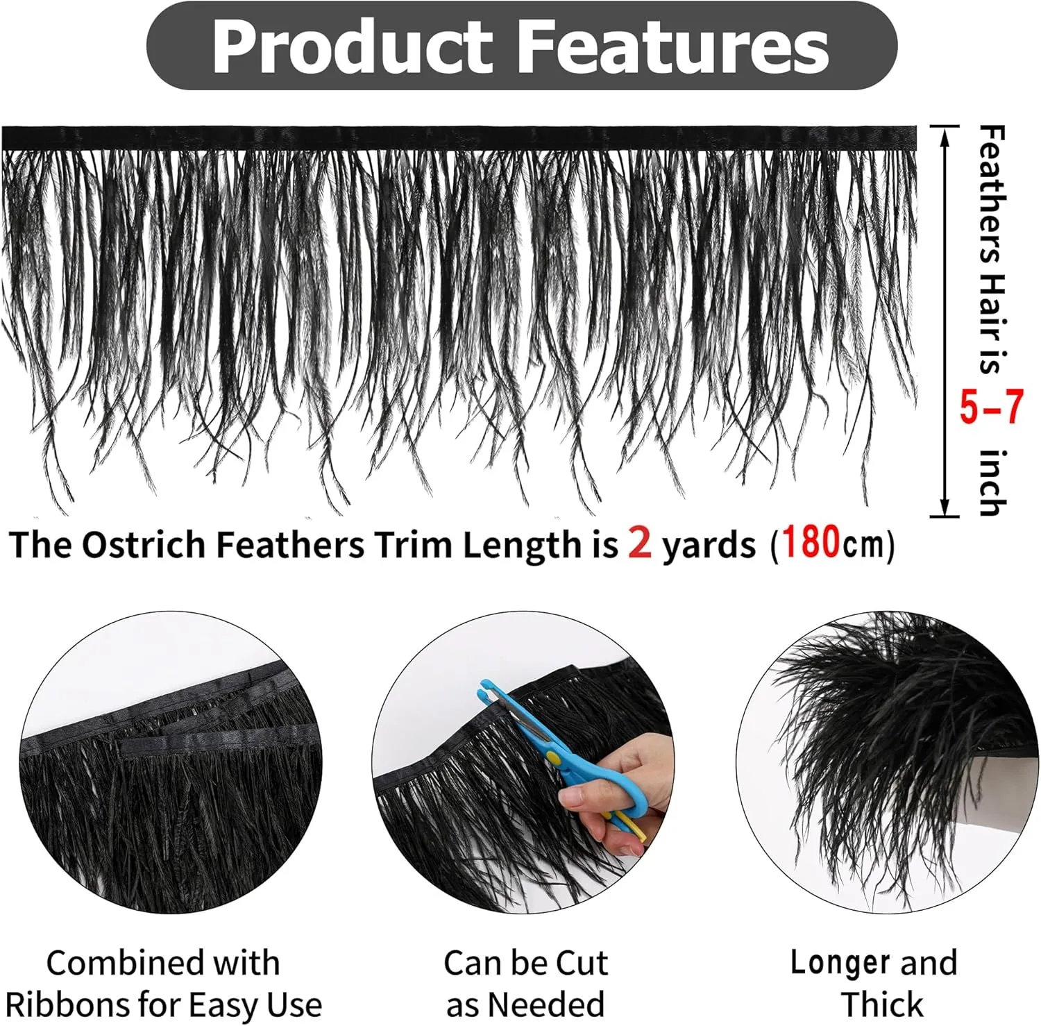 Soarer Red Ostrich Feather Trim - 2Yards 5-7inch Feather Fringe for DIY Sewing Clothing,Jewelry,Halloween Home Party(Red)