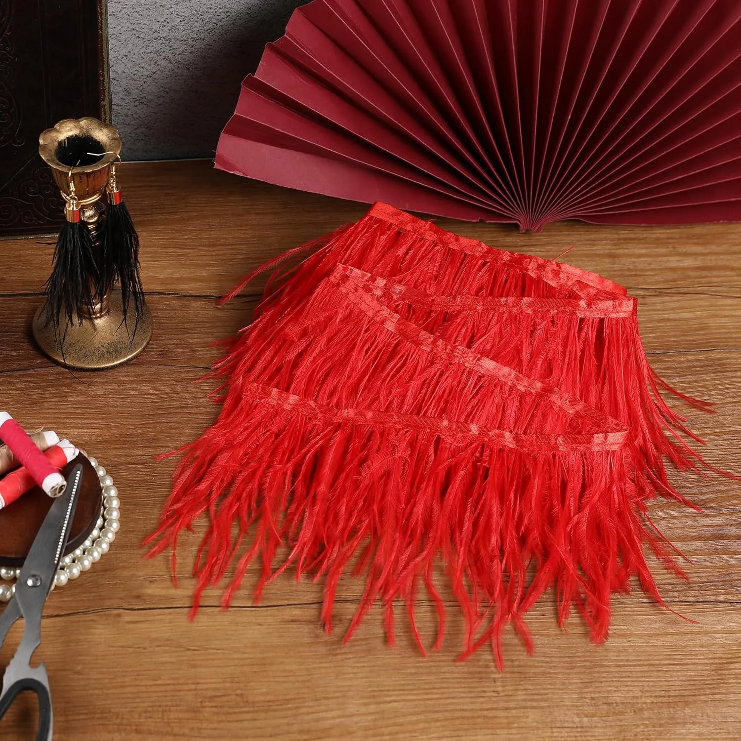 Soarer Red Ostrich Feather Trim - 2Yards 5-7inch Feather Fringe for DIY Sewing Clothing,Jewelry,Halloween Home Party(Red)