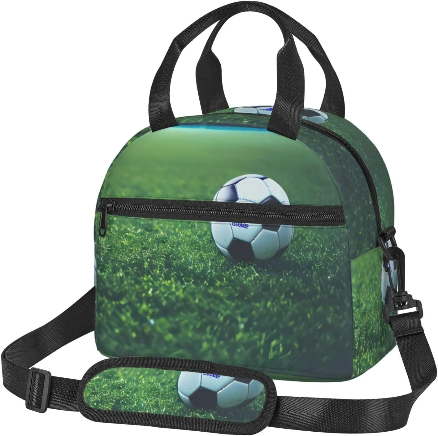 Soccer Ball On Grassy Print Lunch Bag,Insulated Lunch Boxes,Suitable For Offices, Work, Or Picnics