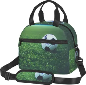 Soccer Ball On Grassy Print Lunch Bag,Insulated Lunch Boxes,Suitable For Offices, Work, Or Picnics