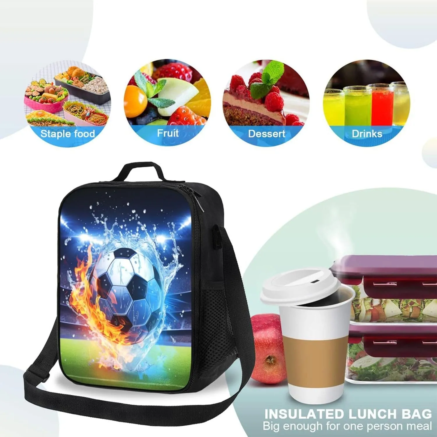 Soccer Lunch Box Insulated Football Lunch Bag for Women Men Reusable Large Capacity Lunchbox with Shoulder Strap Small Leakproof Cooler Food Bento Tote Bag for Work Travel Picnic