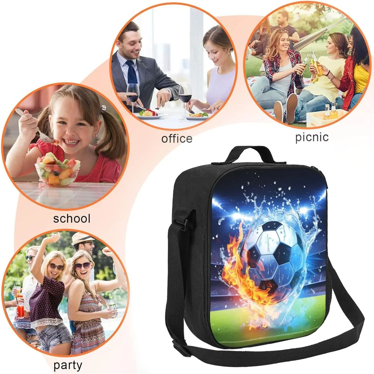 Soccer Lunch Box Insulated Football Lunch Bag for Women Men Reusable Large Capacity Lunchbox with Shoulder Strap Small Leakproof Cooler Food Bento Tote Bag for Work Travel Picnic