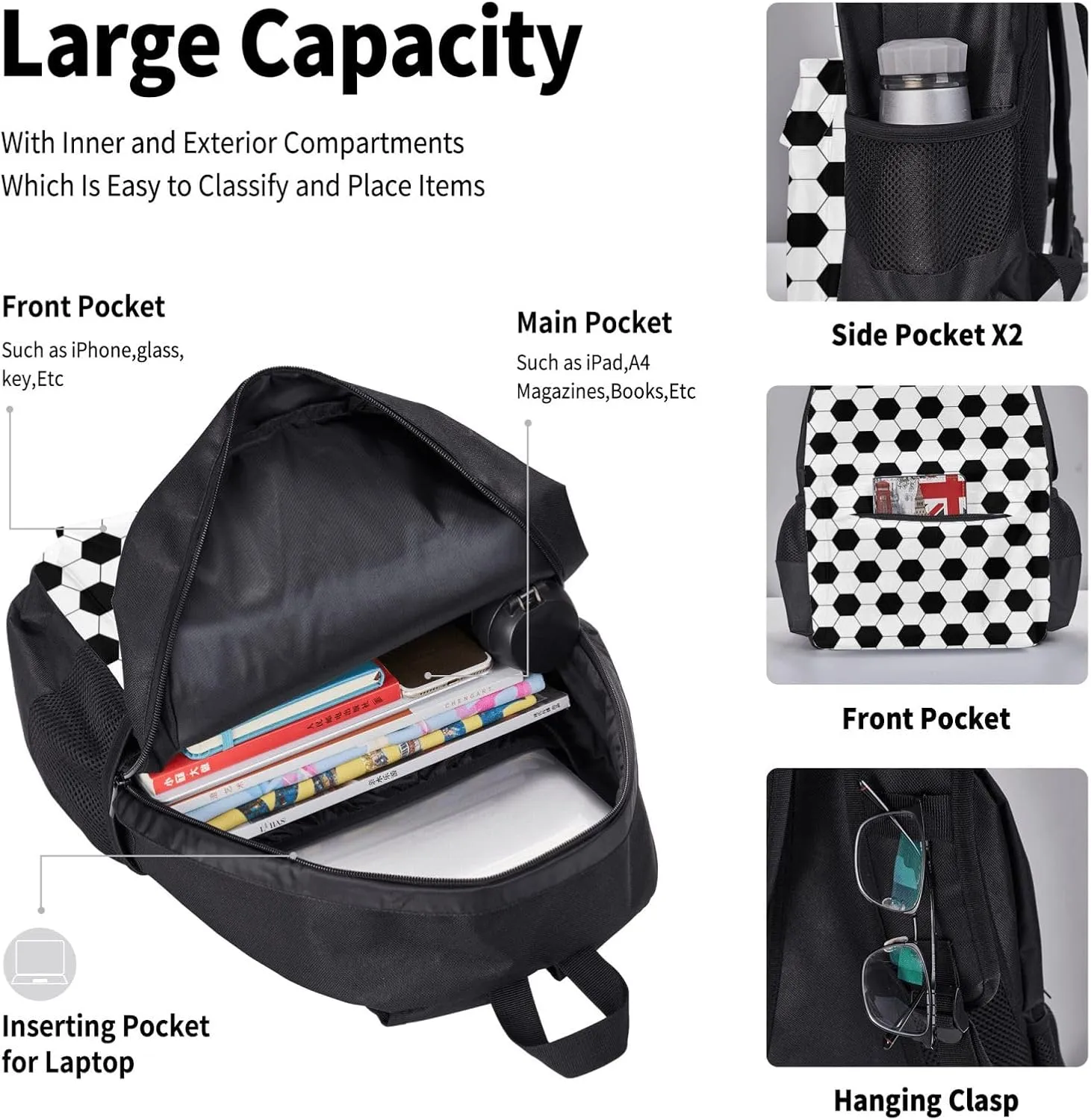 Soccer Multifunctional Pocket Backpack Crossbody Lunch Bag Pencil Case 3Pcs Set Large Capacity Backpack