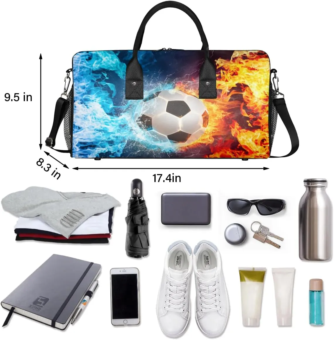 Soccer Small Gym Bags for Men Women Cool Soccer Water Fire Lightweight Workout Sport Duffle Bag Carry On Overnight Weekender Tote Athletic Travel Duffel Bags