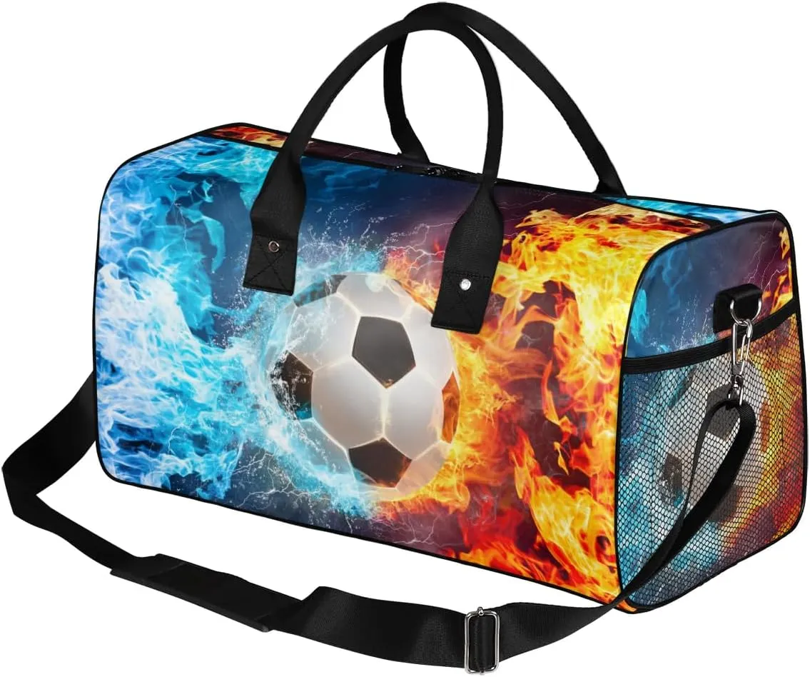 Soccer Small Gym Bags for Men Women Cool Soccer Water Fire Lightweight Workout Sport Duffle Bag Carry On Overnight Weekender Tote Athletic Travel Duffel Bags