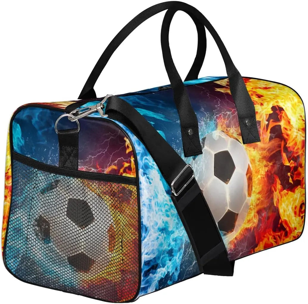 Soccer Small Gym Bags for Men Women Cool Soccer Water Fire Lightweight Workout Sport Duffle Bag Carry On Overnight Weekender Tote Athletic Travel Duffel Bags