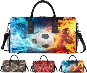 Soccer Small Gym Bags for Men Women Cool Soccer Water Fire Lightweight Workout Sport Duffle Bag Carry On Overnight Weekender Tote Athletic Travel Duffel Bags