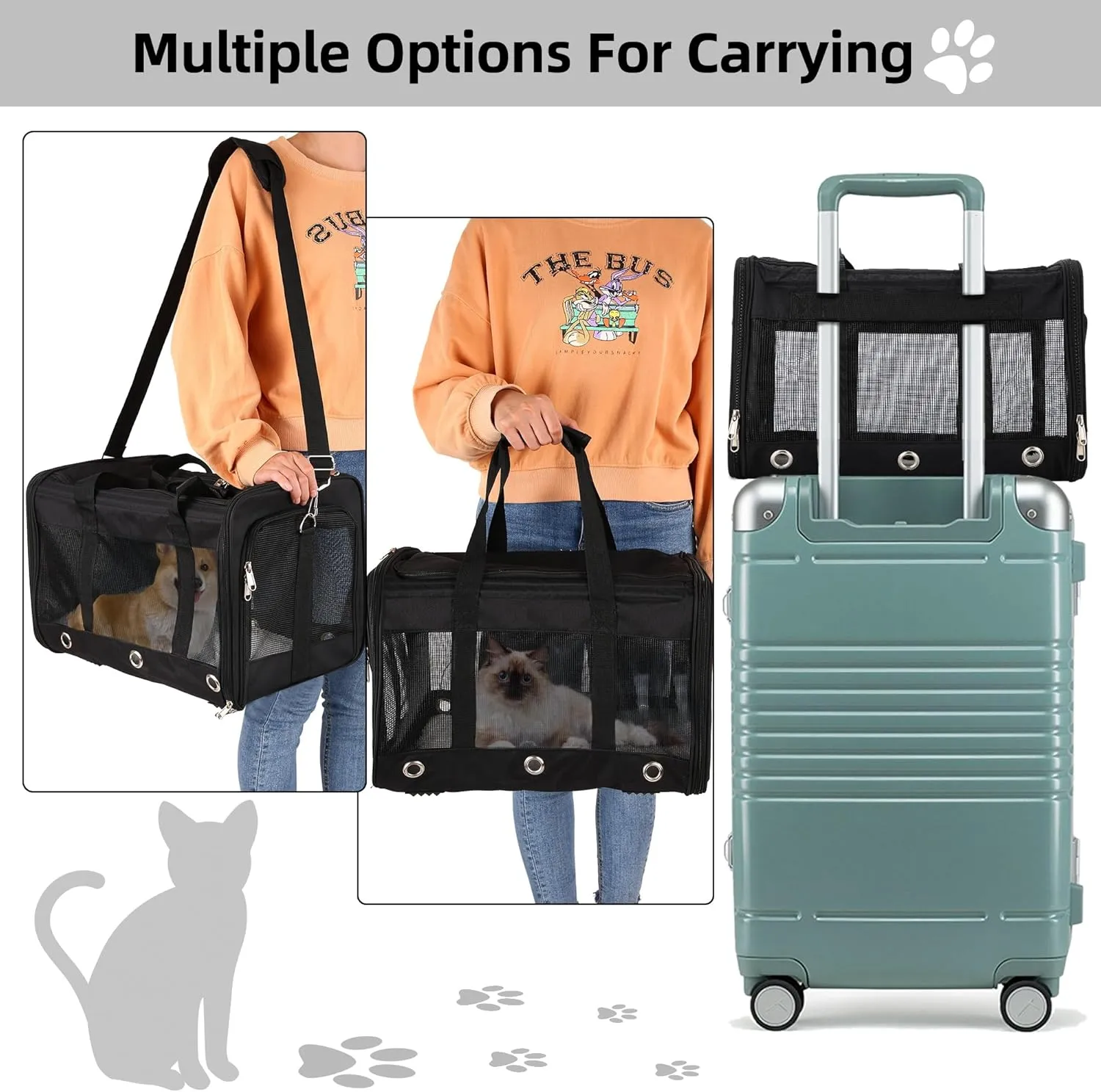 Soft Sided Cat/Dog Carrier，Collapsible Mesh Pets Travel Carriers for Pet/Puppy with Shoulder Strap & Removable Mat，Top Load Small Dogs/Cats Carry Bag Up to 25 Lbs（Black - L）
