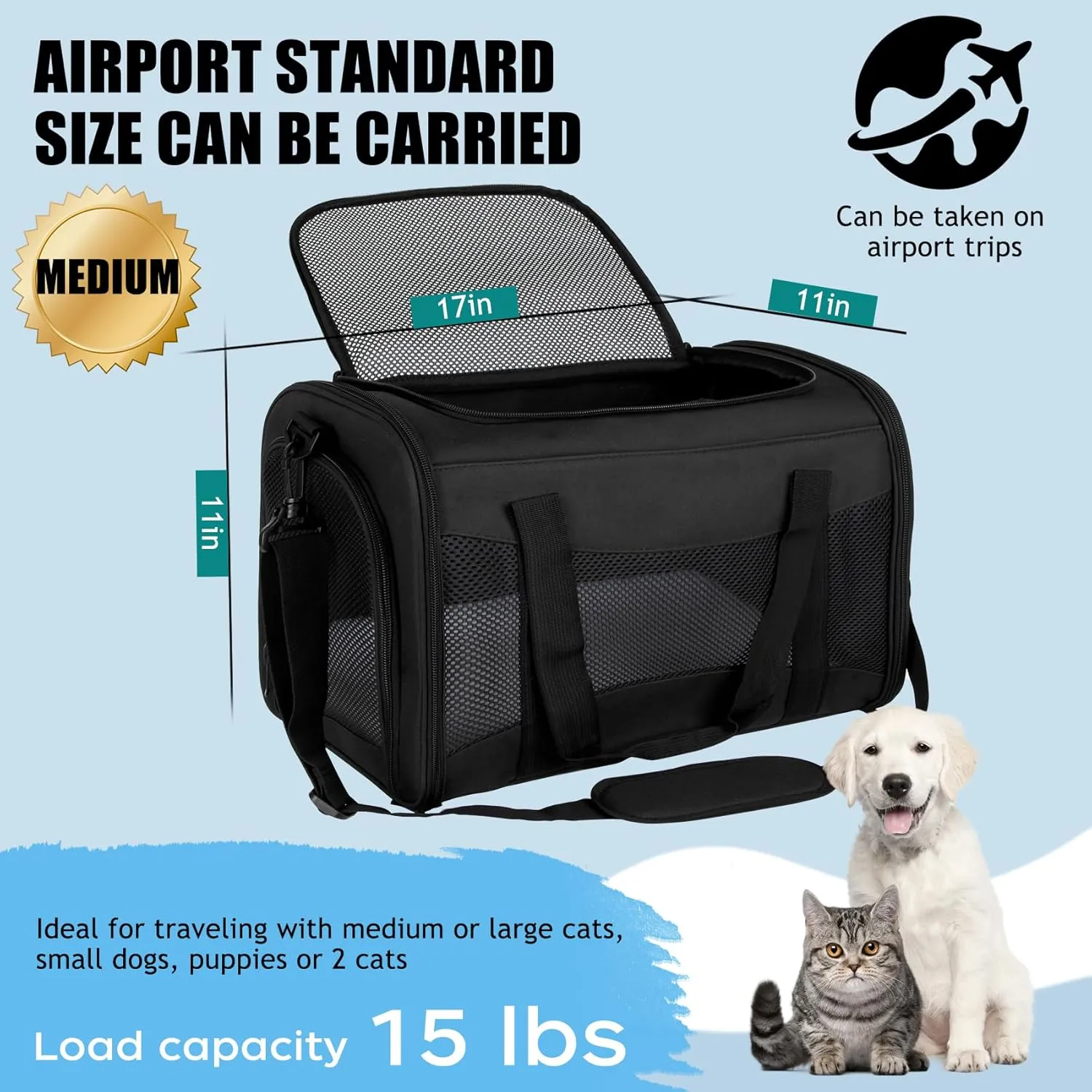 Soft-Sided Pet Carrier - Airline Approved, Collapsible Dog & Cat Carrier for Medium & Small Pets Up to 15 Lbs (Black, 17 * 11 * 11)