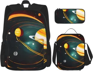 Solar System Jupiter Saturn Print 3 In 1 Backpack Set With Lunch Bag And Pencil Case,Suitable Work,Picnic,Travel