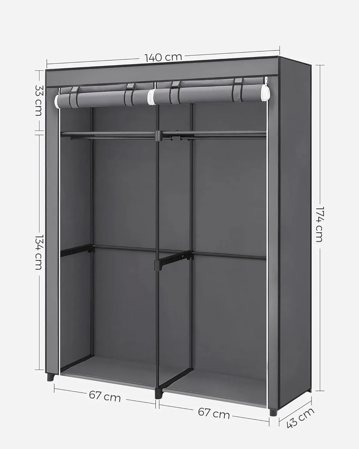 SONGMICS Portable Fabric Clothes Storage Wardrobe with 2 Clothes Rails Grey