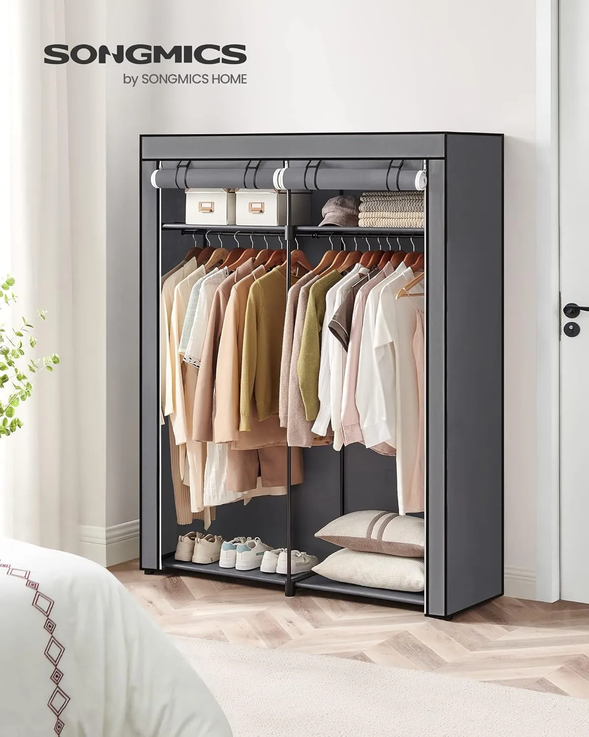 SONGMICS Portable Fabric Clothes Storage Wardrobe with 2 Clothes Rails Grey