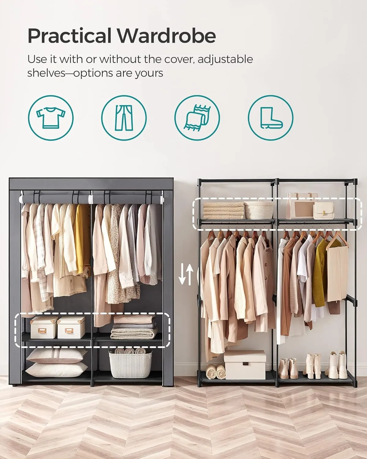 SONGMICS Portable Fabric Clothes Storage Wardrobe with 2 Clothes Rails Grey