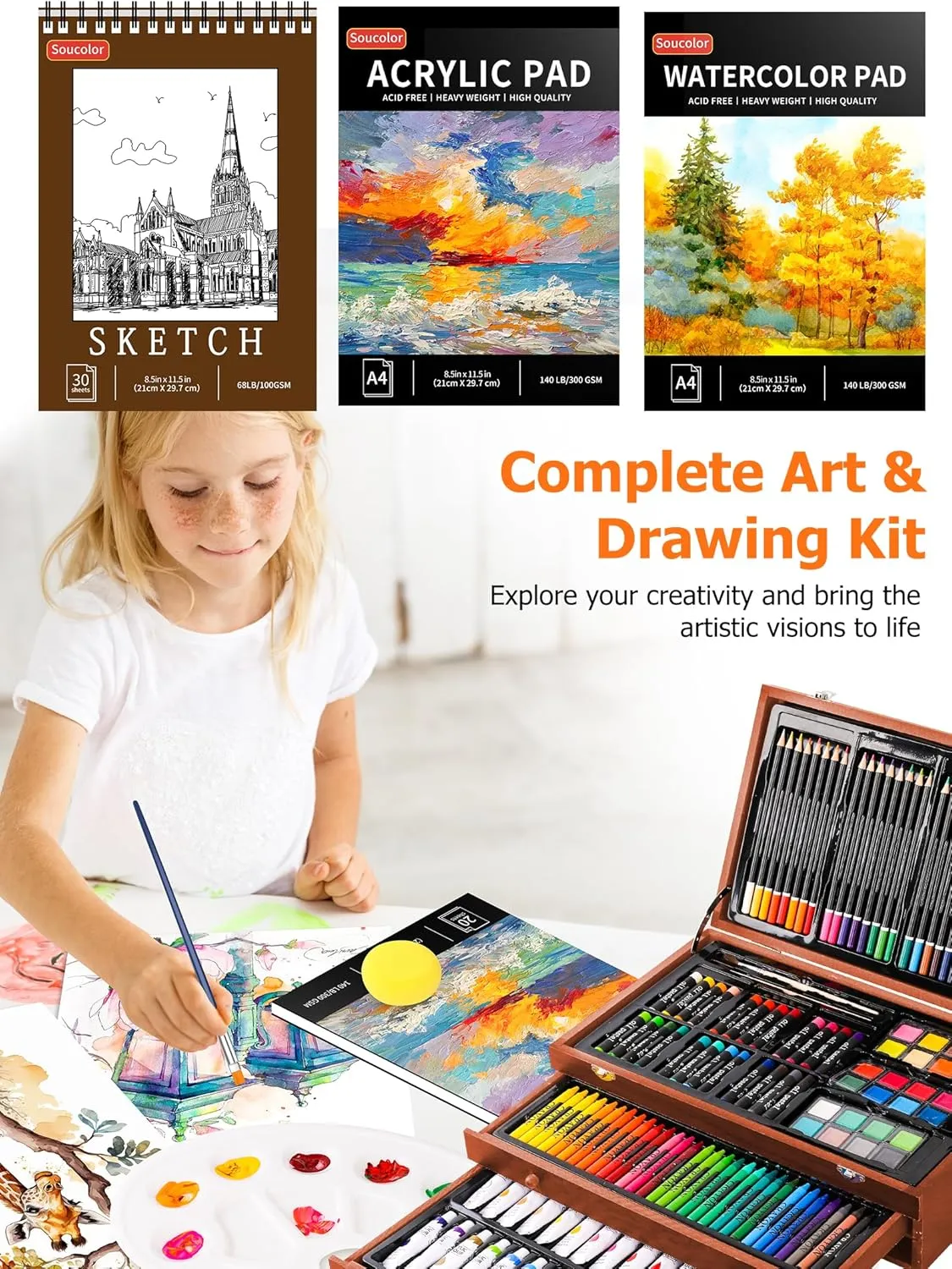 Soucolor Art Supplies, 192-Pack Deluxe Art Set Drawing Painting Supplies Kit with Acrylic Pad, Watercolor Pad, Sketch Book, Canvases, Acrylic Paint, Crayons, Pencils, Gifts for Artist Adults Teen Kids