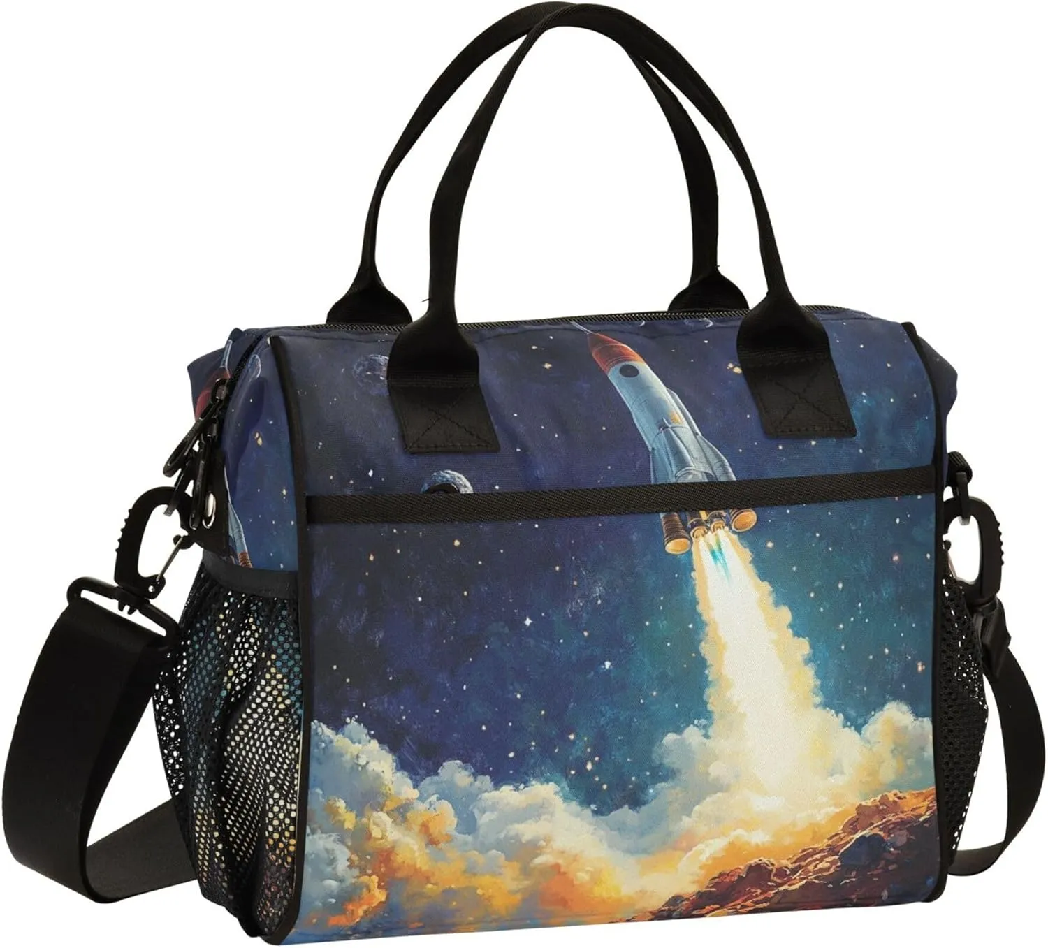 Space Rocket Launch Large Lunch Tote Bag Insulated Lunch Boxes with Adjustable Shoulder Strap for Office Work Travel Picnic