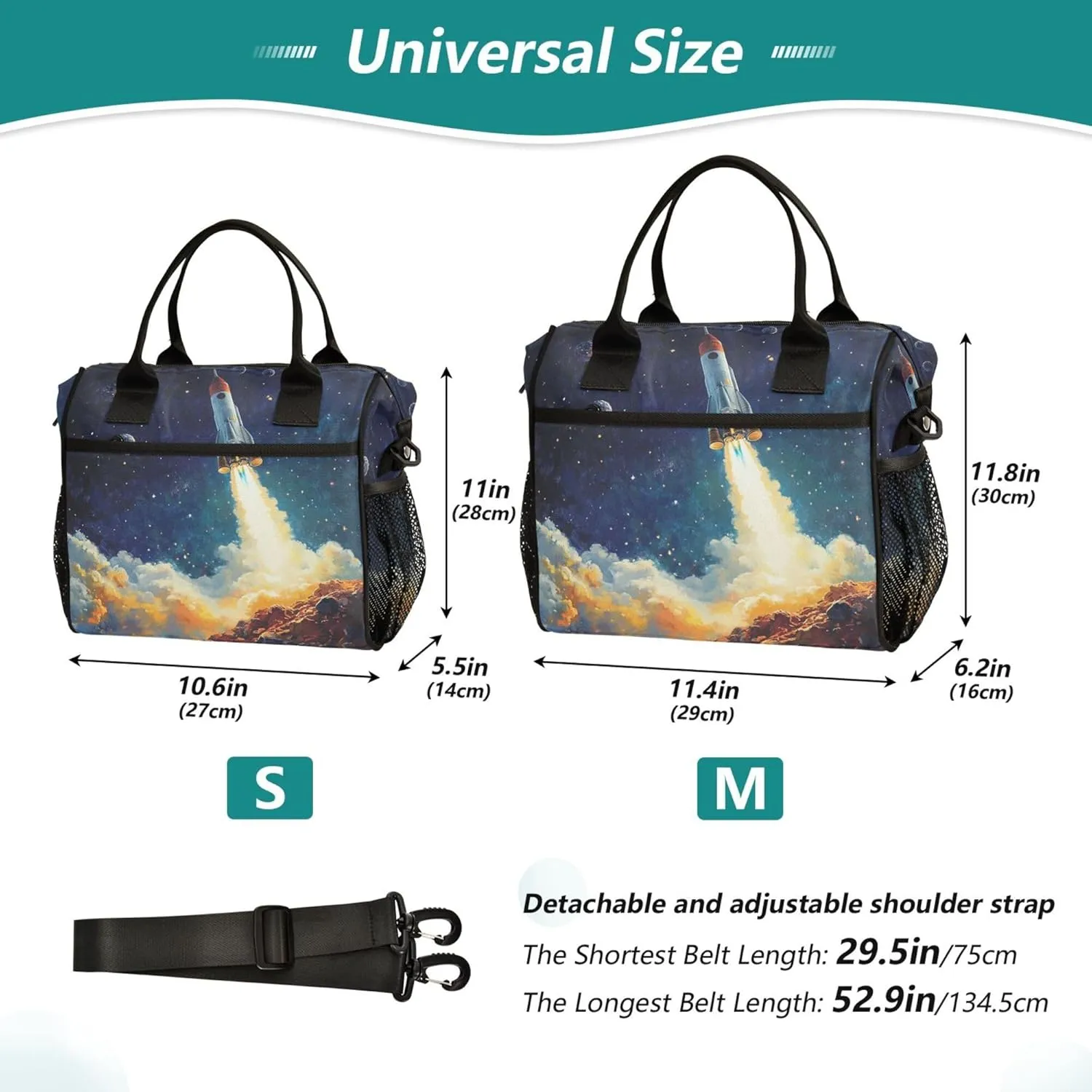 Space Rocket Launch Large Lunch Tote Bag Insulated Lunch Boxes with Adjustable Shoulder Strap for Office Work Travel Picnic