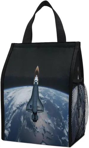 Spaceship Shuttle in Space Lunch Bag Reusable Lunch Boxes Foldable Lunch Tote with Pockets for Adults Picnic Beach