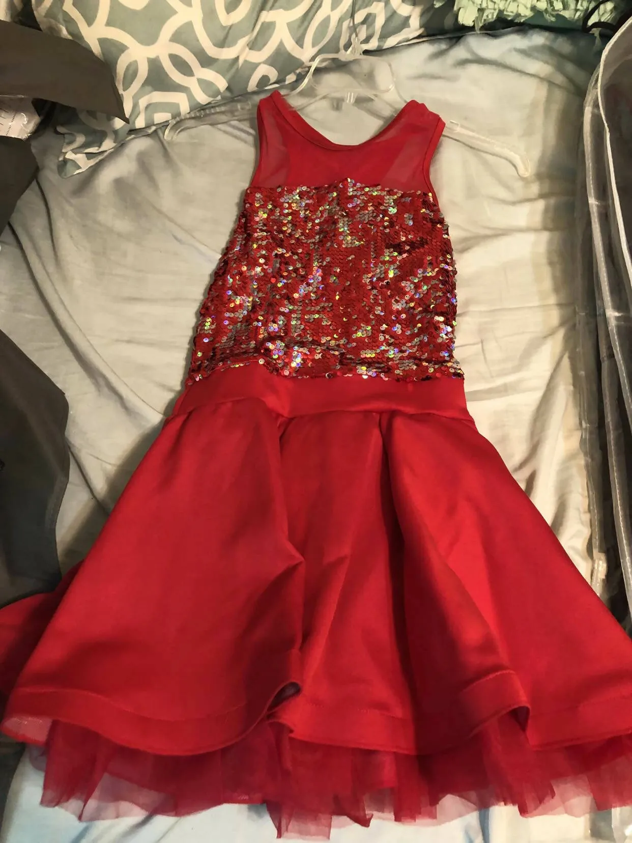 Sparkly Red Weissman Dance Costume Dress with Sequence on upper top of dress