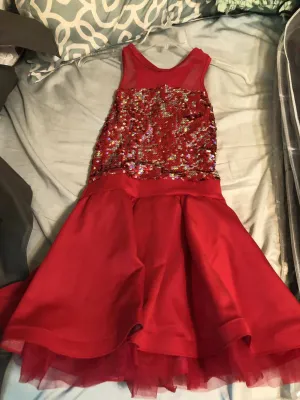 Sparkly Red Weissman Dance Costume Dress with Sequence on upper top of dress