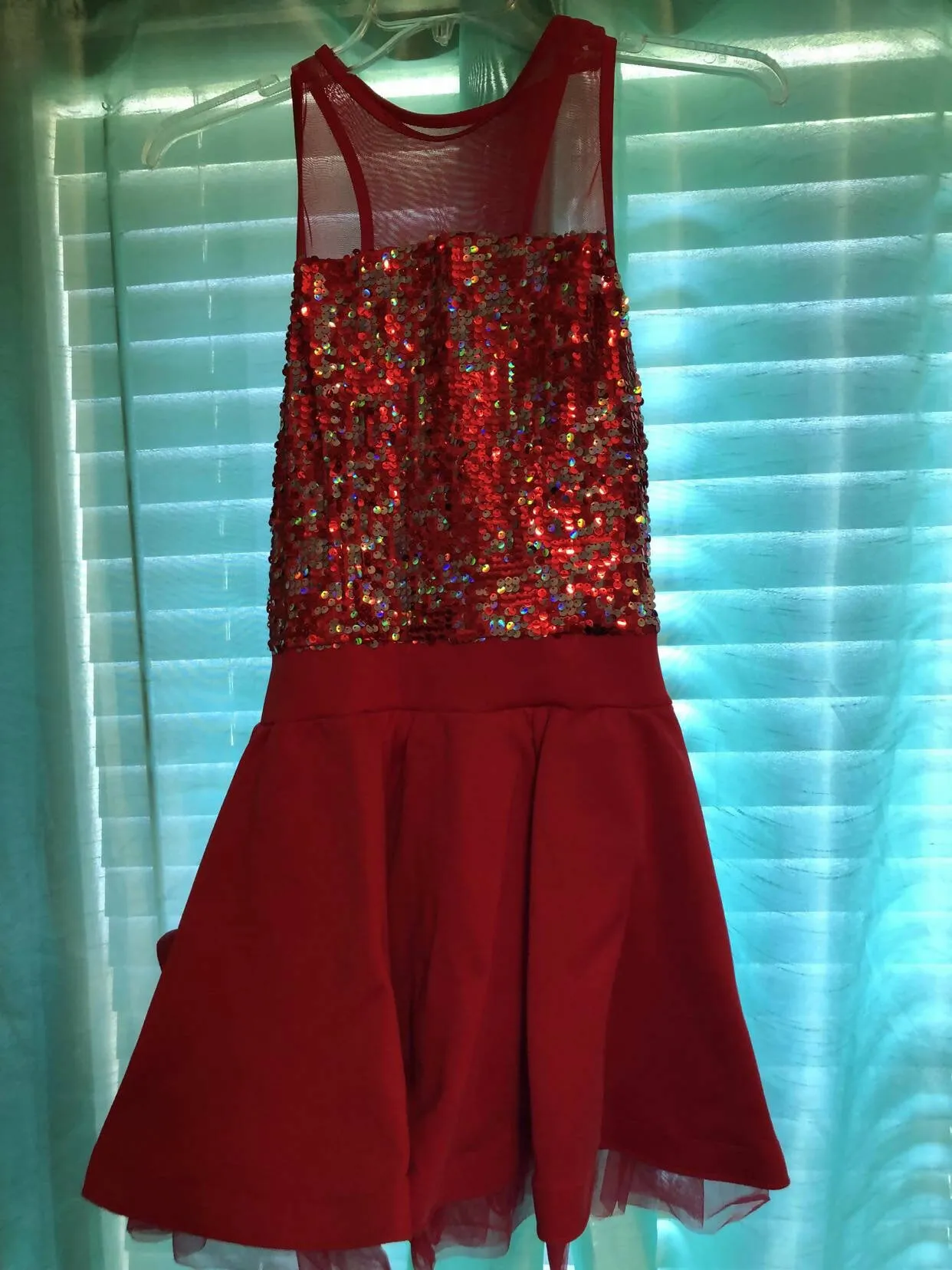 Sparkly Red Weissman Dance Costume Dress with Sequence on upper top of dress