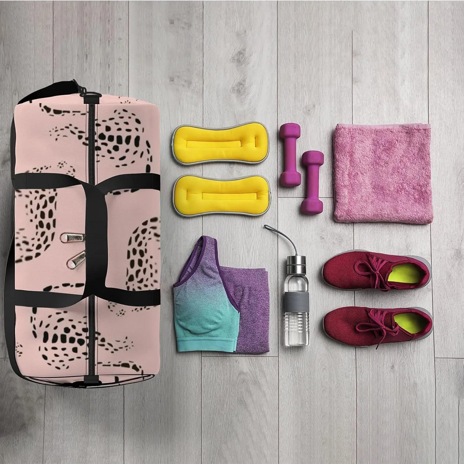 Sports Gym Bag for Women and Men Waterproof Abstract Leopard Pattern Pink Duffel Bag Lightweight Carryon Traveling Boarding Gripsack